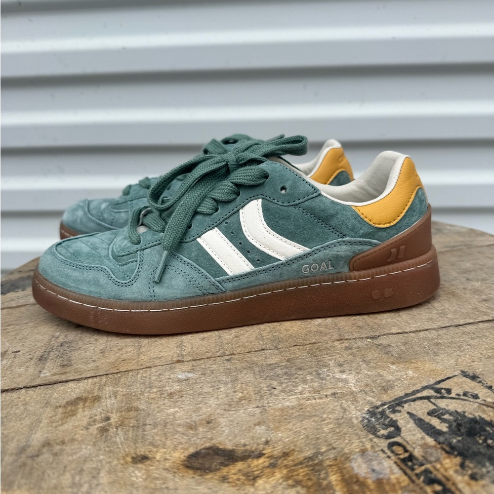 Coolway Teal Suede Sneakers with White Stripes and Yellow Accent
